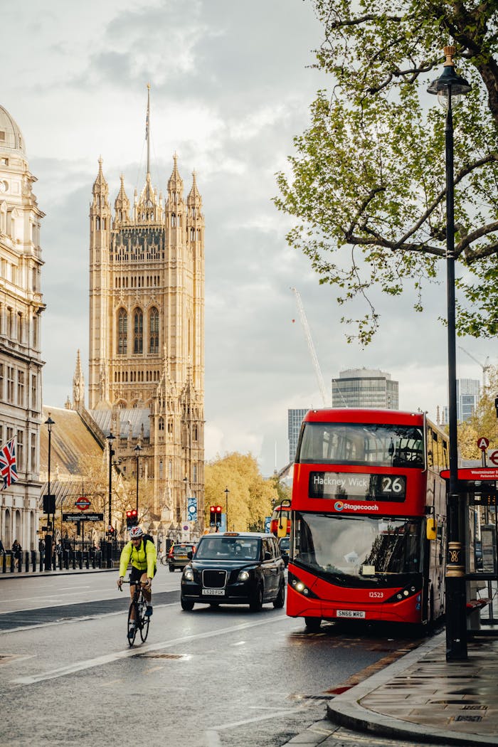 Home Classic London street scene featuring a red double-decker bus, cyclist, and view of Big Ben under a cloudy sky.